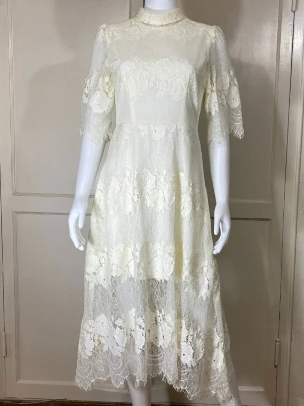 Boutique Wedding Gown Bridal Shower Dress, White Lace, High Neck , Midi, Medium